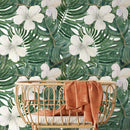 Tropical Wallpaper with White Hibiscus and Palm Leaves in Green and White - D957
