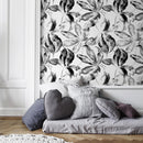Botanical Wallpaper Featuring Painted Leaves in Black and White - D958