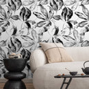 Botanical Wallpaper Featuring Painted Leaves in Black and White - D958