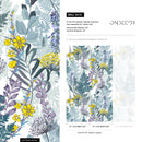 Botanical Wallpaper with Ferns and Wildflowers in Green, Yellow, and Purple - B416