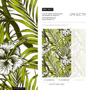 Tropical Wallpaper with Palm Leaves and Hibiscus Flowers in Green and White - B420