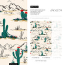Desert Wallpaper with an Illustrated Cactus Scene in Green, Red, and Black - B428