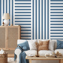 Geometric Wallpaper with Alternating Stripes in Blue and White - D738