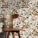 Botanical Wallpaper with a Vintage Mushroom and Insect Motif in Brown, Green, and Red - D817