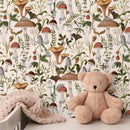 Botanical Wallpaper with a Vintage Mushroom and Insect Motif in Brown, Green, and Red - D817