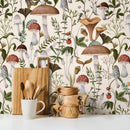 Botanical Wallpaper with a Vintage Mushroom and Insect Motif in Brown, Green, and Red - D817