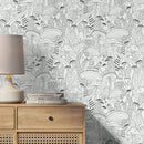 Mushroom Wallpaper with a Line Art Motif in Green - D812