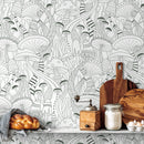 Mushroom Wallpaper with a Line Art Motif in Green - D812