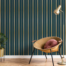 Art Deco Wallpaper with an Elegant Striped Motif in Green and Gold - D770