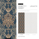 Vintage Damask Wallpaper with an Ornate Motif in Blue, Gold, and Beige - B880
