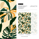 Tropical Wallpaper with Boho Monstera Leaves in Green, Orange, and Tan - C398