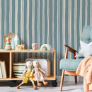 Striped Wallpaper with Organic Wavy Lines in Muted Teal and Cream - D765