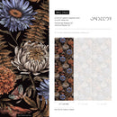 Botanical Wallpaper with Moths and Vintage Florals in Black, Blue, and Orange - D822