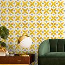 Geometric Wallpaper with a Floral Motif in Yellow and Grey - A737