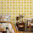 Geometric Wallpaper with a Floral Motif in Yellow and Grey - A737