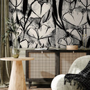 Floral Wallpaper with Abstract Heart-Shaped Blooms in Black and Beige - X192