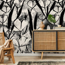 Floral Wallpaper with Abstract Heart-Shaped Blooms in Black and Beige - X192