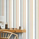 Striped Wallpaper with a Herringbone Motif in Black, Sage, and Rust - D778