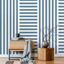 Geometric Wallpaper with Alternating Stripes in Blue and White - D738