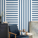 Geometric Wallpaper with Alternating Stripes in Blue and White - D738