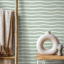 Modern Abstract Wallpaper with Minimalist Wavy Lines in Light Green and White - D747