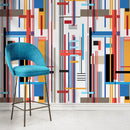Geometric Wallpaper with Intersecting Lines in Red, Blue, and Yellow - D753