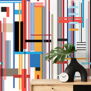Geometric Wallpaper with Intersecting Lines in Red, Blue, and Yellow - D753