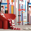 Geometric Wallpaper with Intersecting Lines in Red, Blue, and Yellow - D753