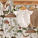 Botanical Wallpaper with a Vintage Mushroom and Insect Motif in Brown, Green, and Red - D817