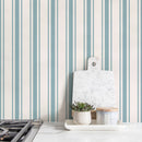 Striped Wallpaper with Classic Lines in Light Teal and Cream - D758