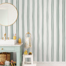 Modern Striped Wallpaper with Wavy Lines in Light Green and Off-White - D764