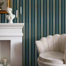 Art Deco Wallpaper with an Elegant Striped Motif in Green and Gold - D770