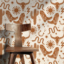 Western Wallpaper with Cowboy and Desert Motifs in Brown and Beige - D825