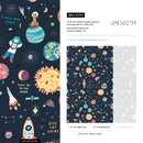 Space Wallpaper with Whimsical Astronauts and Planets in Navy Blue, Red, and Yellow - B769