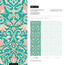 Floral Damask Wallpaper with a Bird and Vine Motif in Turquoise and Pink - C235