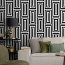 Geometric Wallpaper with Interlocking Lines in Black and White - B098
