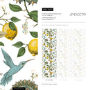 Vintage Botanical Wallpaper with Lemons and Hummingbirds in Blue, Yellow, and Green - A630