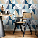 Geometric Wallpaper with Sketched Triangles in Blue, Beige, and Grey - A316