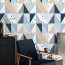 Geometric Wallpaper with Sketched Triangles in Blue, Beige, and Grey - A316