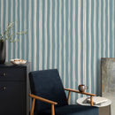 Striped Wallpaper with Organic Wavy Lines in Muted Teal and Cream - D765