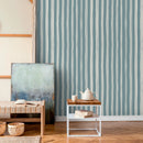Striped Wallpaper with Organic Wavy Lines in Muted Teal and Cream - D765
