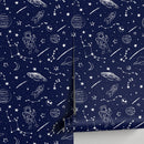 Space Wallpaper with Hand-Drawn Astronauts in Navy Blue and White - A582