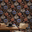Botanical Wallpaper with Moths and Vintage Florals in Black, Blue, and Orange - D822