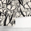 Floral Wallpaper with Abstract Heart-Shaped Blooms in Black and Beige - X192