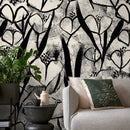 Floral Wallpaper with Abstract Heart-Shaped Blooms in Black and Beige - X192