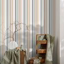 Striped Wallpaper with a Herringbone Motif in Black, Sage, and Rust - D778