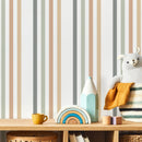 Striped Wallpaper with a Herringbone Motif in Black, Sage, and Rust - D778