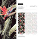 Tropical Wallpaper with a Bird of Paradise Motif in Black, Green, and Red - D951