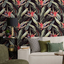 Tropical Wallpaper with a Bird of Paradise Motif in Black, Green, and Red - D951