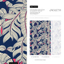 Tropical Wallpaper with Stylized Banana Leaves in Navy Blue, Beige, and Red - A023